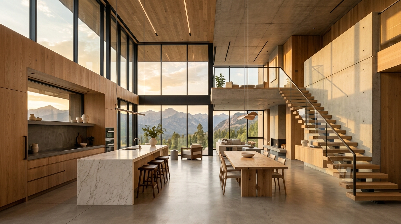 Arquitectura moderna de lujo - interior con vistas panorámicas